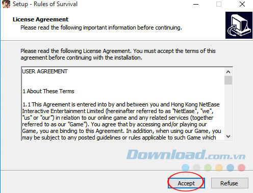 Đồng ý cài đặt Rules Of Survival