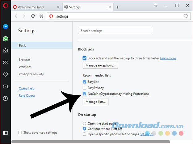 Thiết lập chặn đào Bitcoin trên Opera