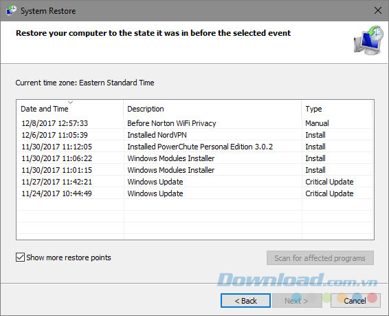 Quay về điểm khôi phục Windows 10