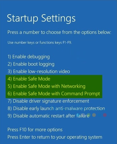 Các tùy chọn vào Safe mode