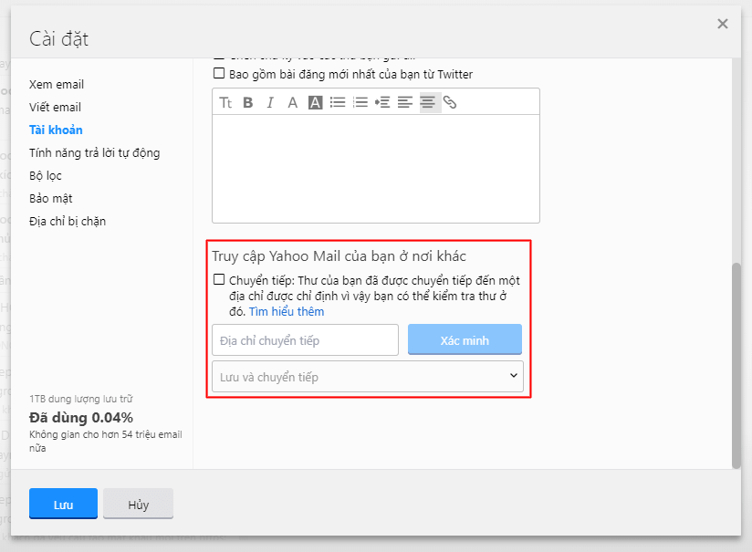 Kiểm tra phần chuyển tiếp trên Yahoo Mail