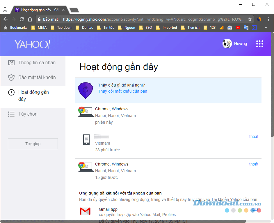 Xem thông tin hoạt động trên tài khoản Yahoo