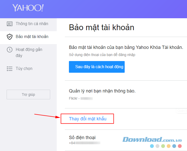 Thay đổi mật khẩu tài khoản Yahoo Mail