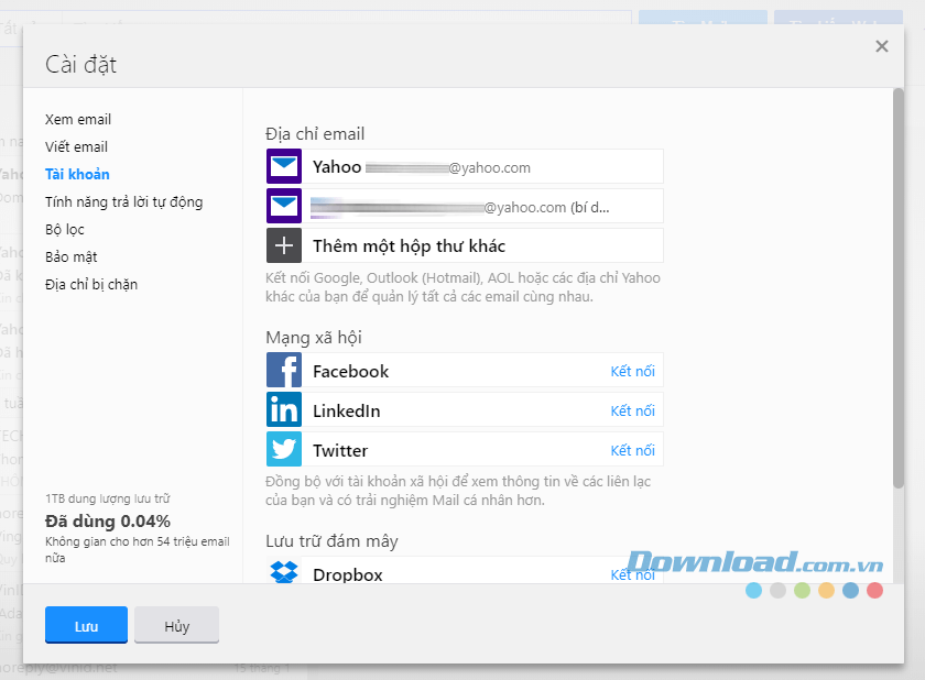 Giao diện phần thiết lập email Yahoo