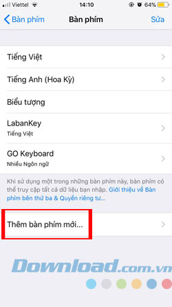 Cài đặt bàn phím mới iOS
