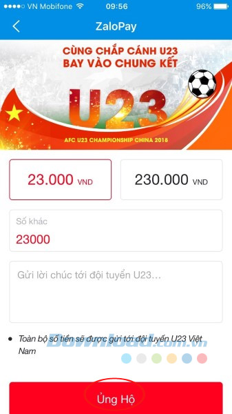 Nhập số tiền ủng hộ U23 Việt Nam