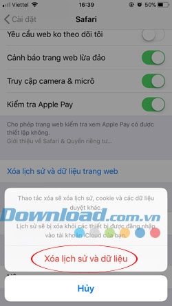 Xóa dữ liệu Safari
