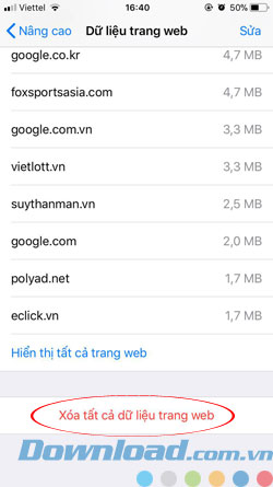 Xóa dữ liệu Safari