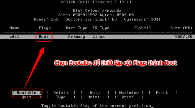 Chọn Bootable một lần để có tùy chọn Boot ở cột Flags