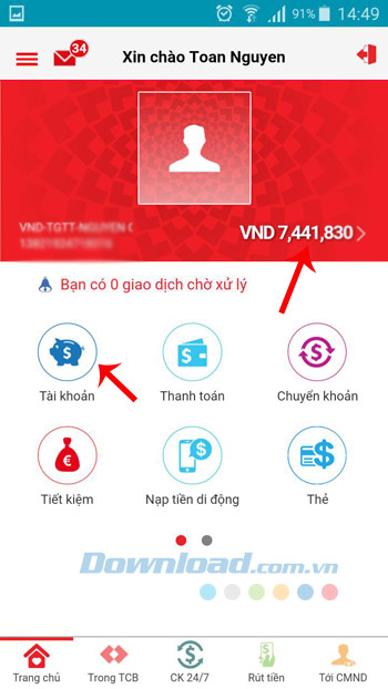 Xem số dư tài khoản Techcombank