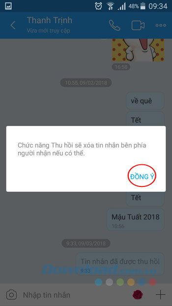 Xác nhận thu hồi tin nhắn Zalo
