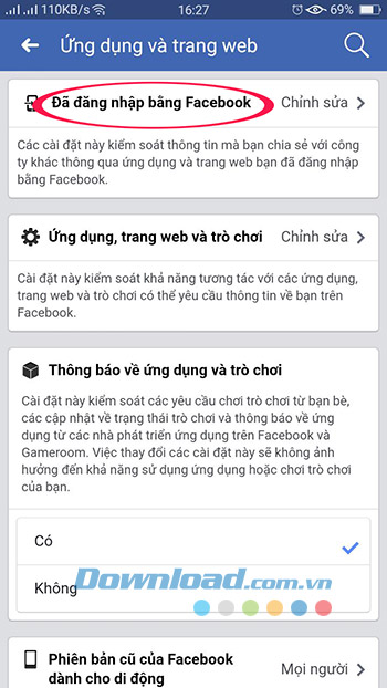 Đã đăng nhập Facebook