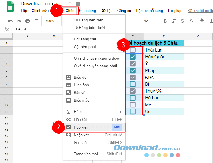 Chèn checkbox vào bảng tính google sheets