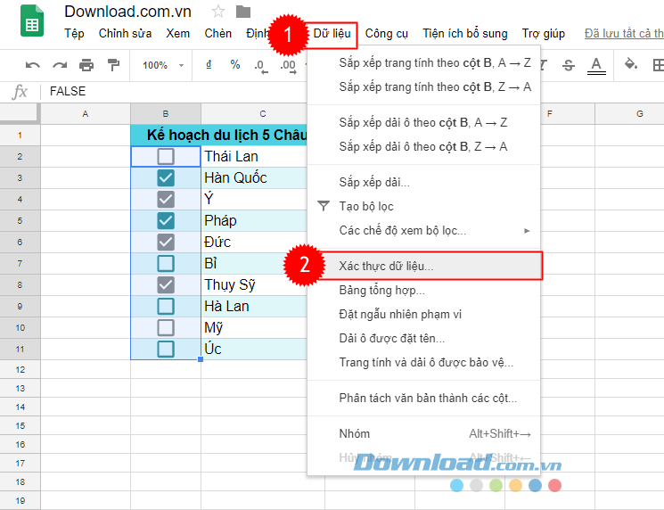Chèn checkbox vào bảng tính google sheets