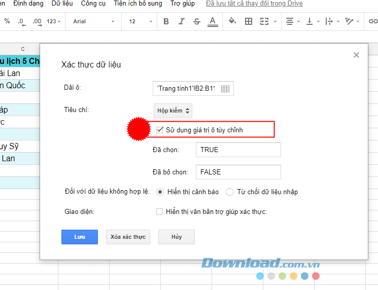 Chèn checkbox vào bảng tính google sheets