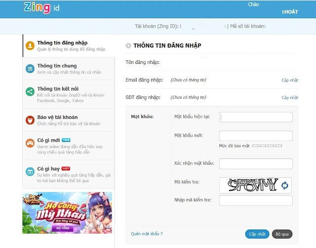 Đổi mật khẩu Zing