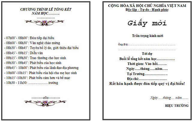 Mẫu giấy mời tổng kết năm học