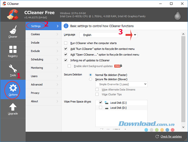 Cách thay đổi ngôn ngữ tiếng Việt trên CCleaner