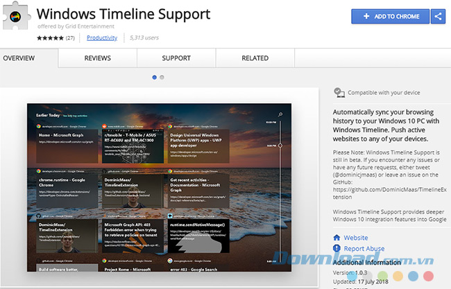 Add tiện ích mở rộng Windows Timeline Support vào Chrome