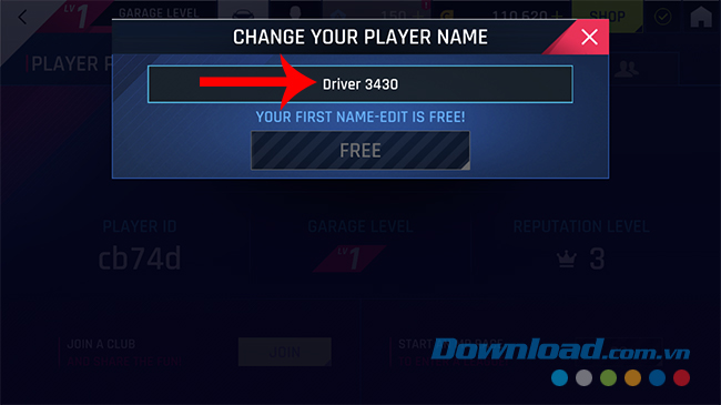 Chọn tên mới trong game Asphalt 9 legends