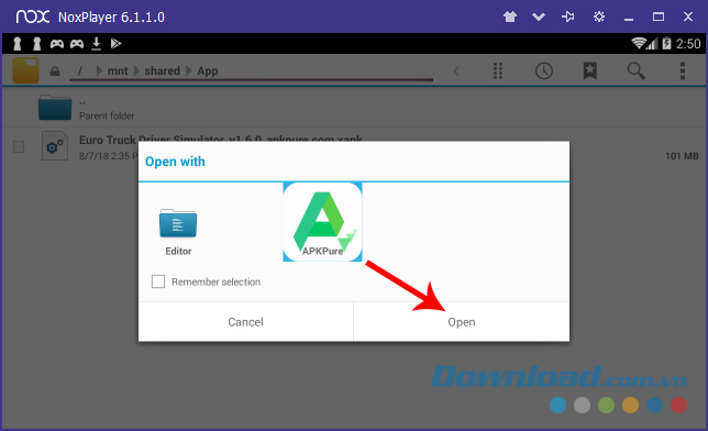 Click vào Open để cài đặt file xapk trên giả lập Android