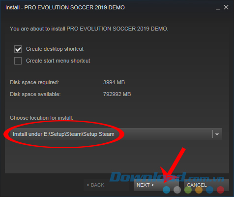Chọn vào Next để tải game PES 2019 cho máy tính