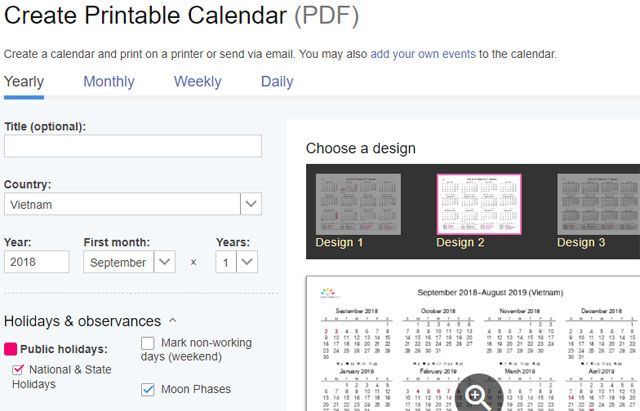 Lựa chọn loại lịch sẽ tạo