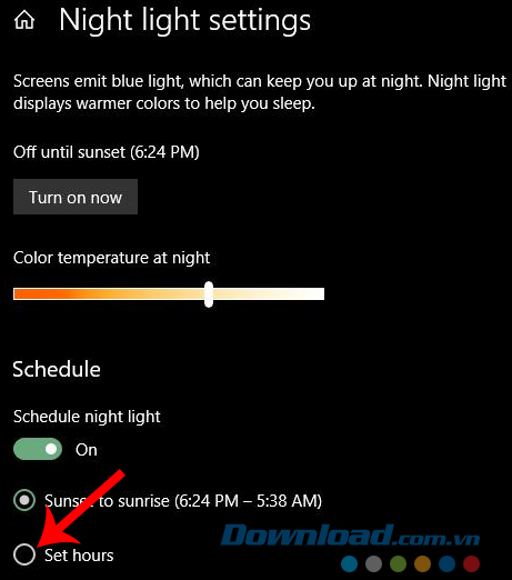 Cài đặt giờ cho chế độ Night Light