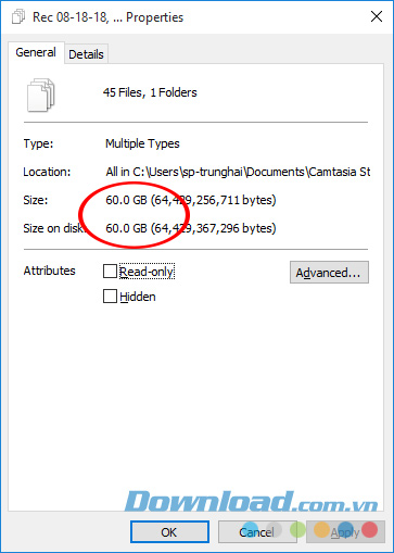 Dung lượng bị Camtasia chiếm dụng
