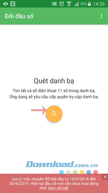 Giao diện Quét danh bạ trong Chuyển đổi đầu số