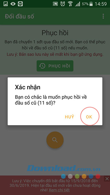 Xác nhận phục hồi danh bạ