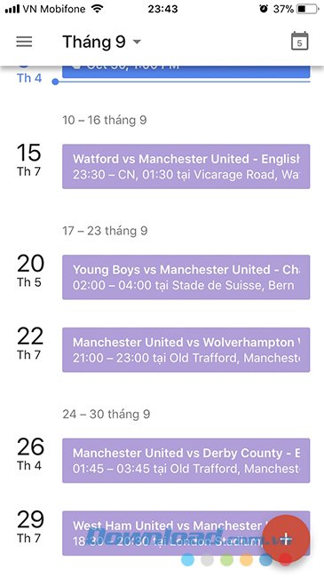 Lịch thi đấu hiển thị trong ứng dụng