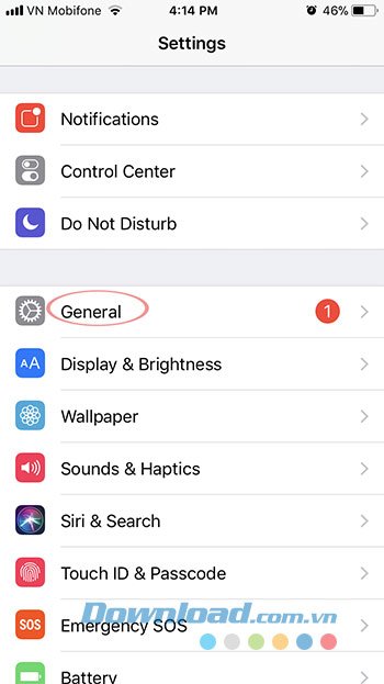 Mục General trên iPhone