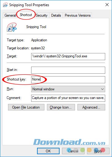 Chọn tab Shortcut