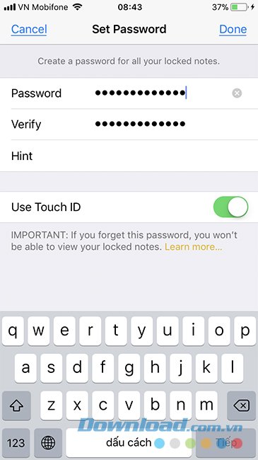 Đặt mật khẩu cho ứng dụng