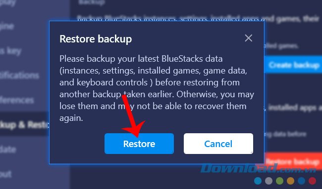 Click vào Restore