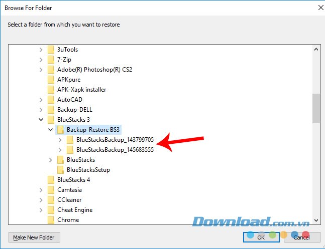 Chọn file sao lưu