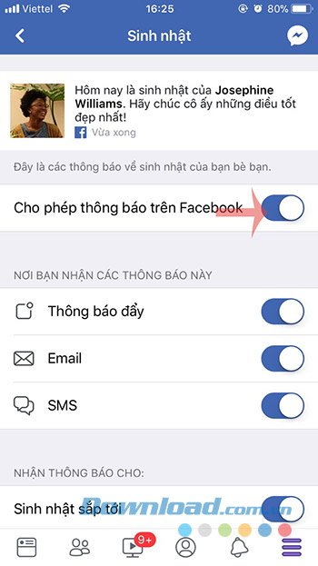 Tắt thông báo sinh nhật