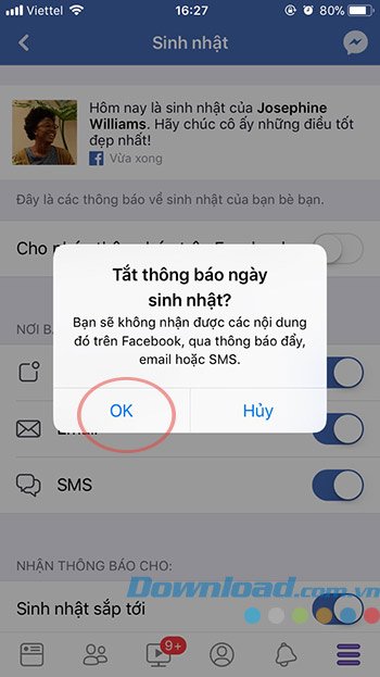 Xác nhận tắt thông báo sinh nhật