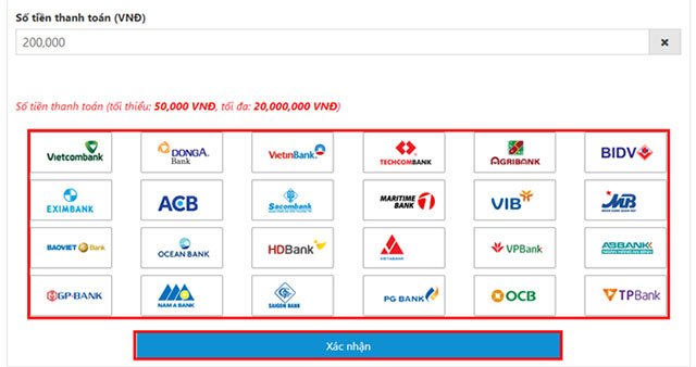 Giao diện nạp Tài khoản ATM