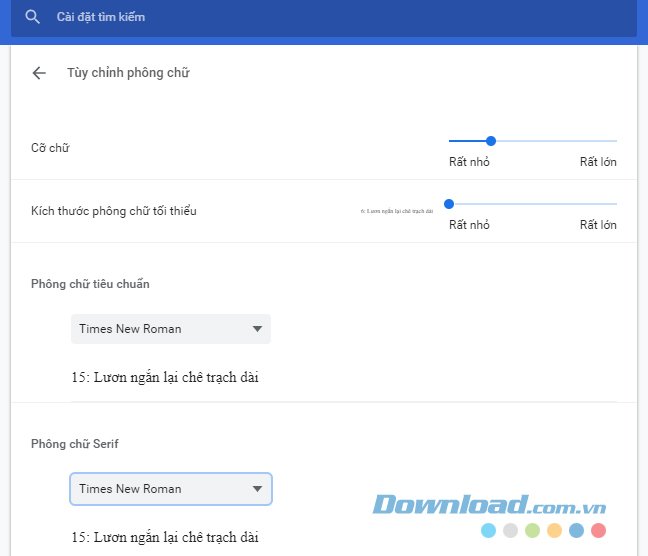 Giao diện Font chữ của Chrome