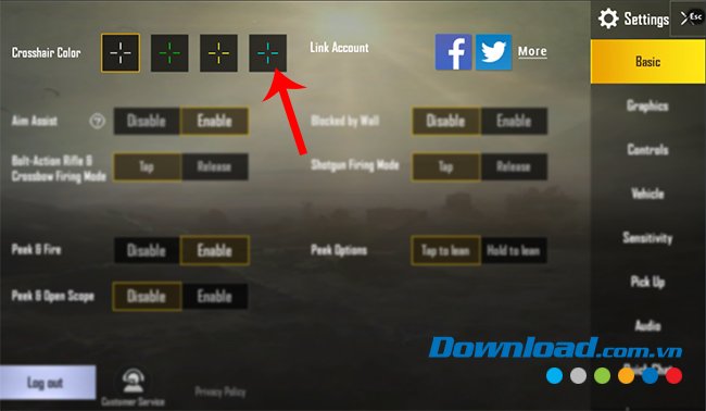 Chỉnh màu hồng tâm trong game bắn súng PUBG Mobile