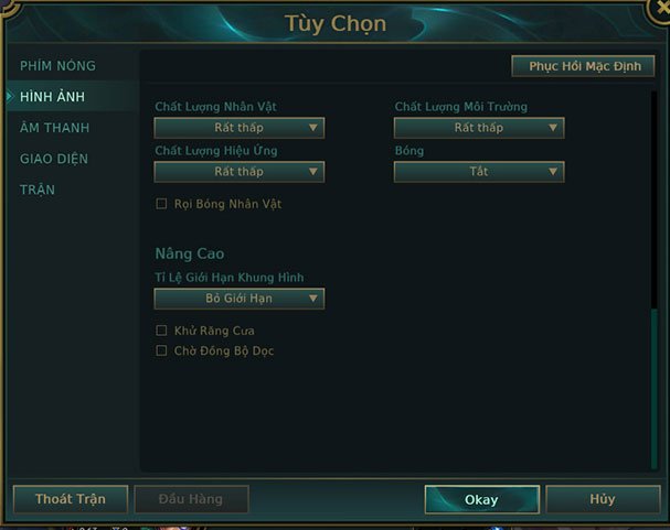 Đưa về cấu hình đồ họa thấp