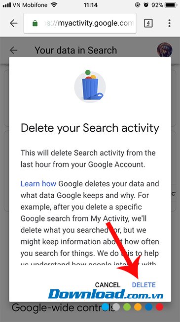 Chấp nhận xóa lịch sử tìm kiếm Google trên điện thoại
