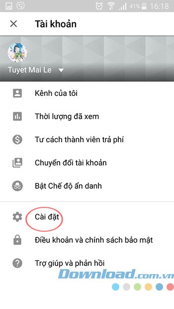 Cài đặt YouTube