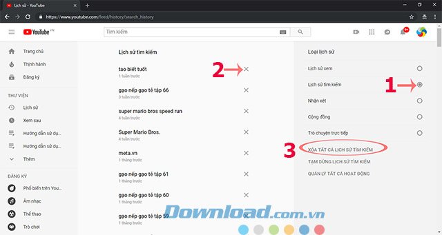 Xóa lịch sử tìm kiếm YouTube