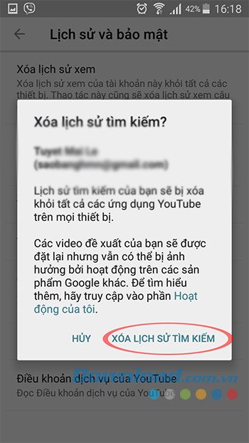 Xác nhận xóa lịch sử tìm kiếm YouTube