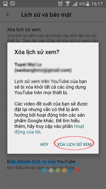 Xác nhận xóa lịch sử xem YouTube