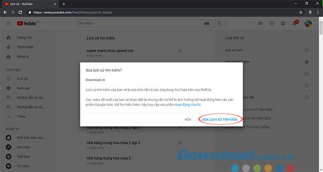 Xác nhận xóa lịch sử tìm kiếm YouTube