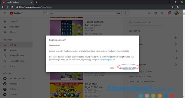 Xác nhận xóa lịch sử xem YouTube